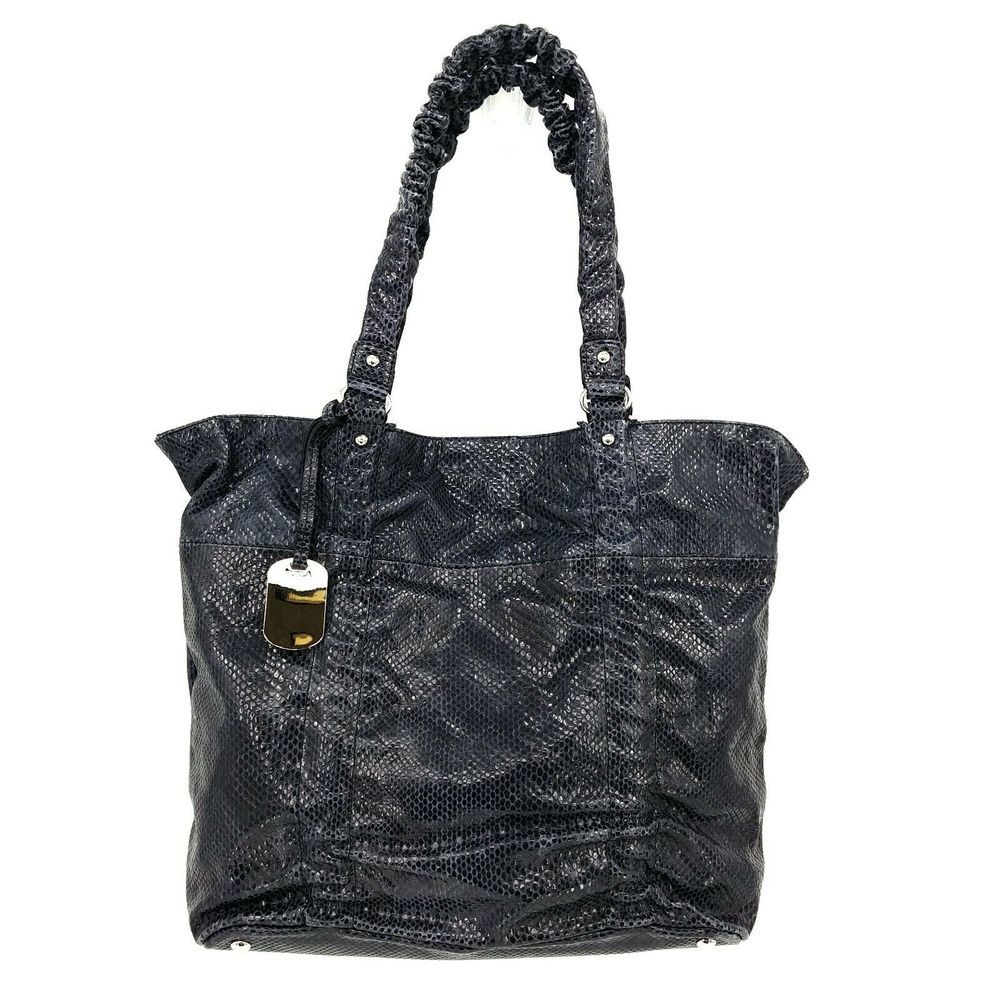 Furla Navy Leather Snakeskin Tote Ruched Handles